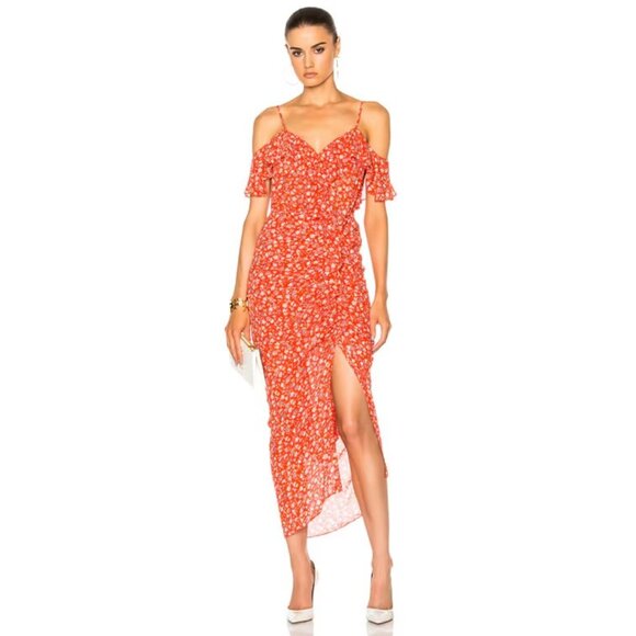 Veronica Beard Marilyn Cold Shoulder Ruffle Midi Dress in Red Multi 10 NWT - Picture 1 of 5